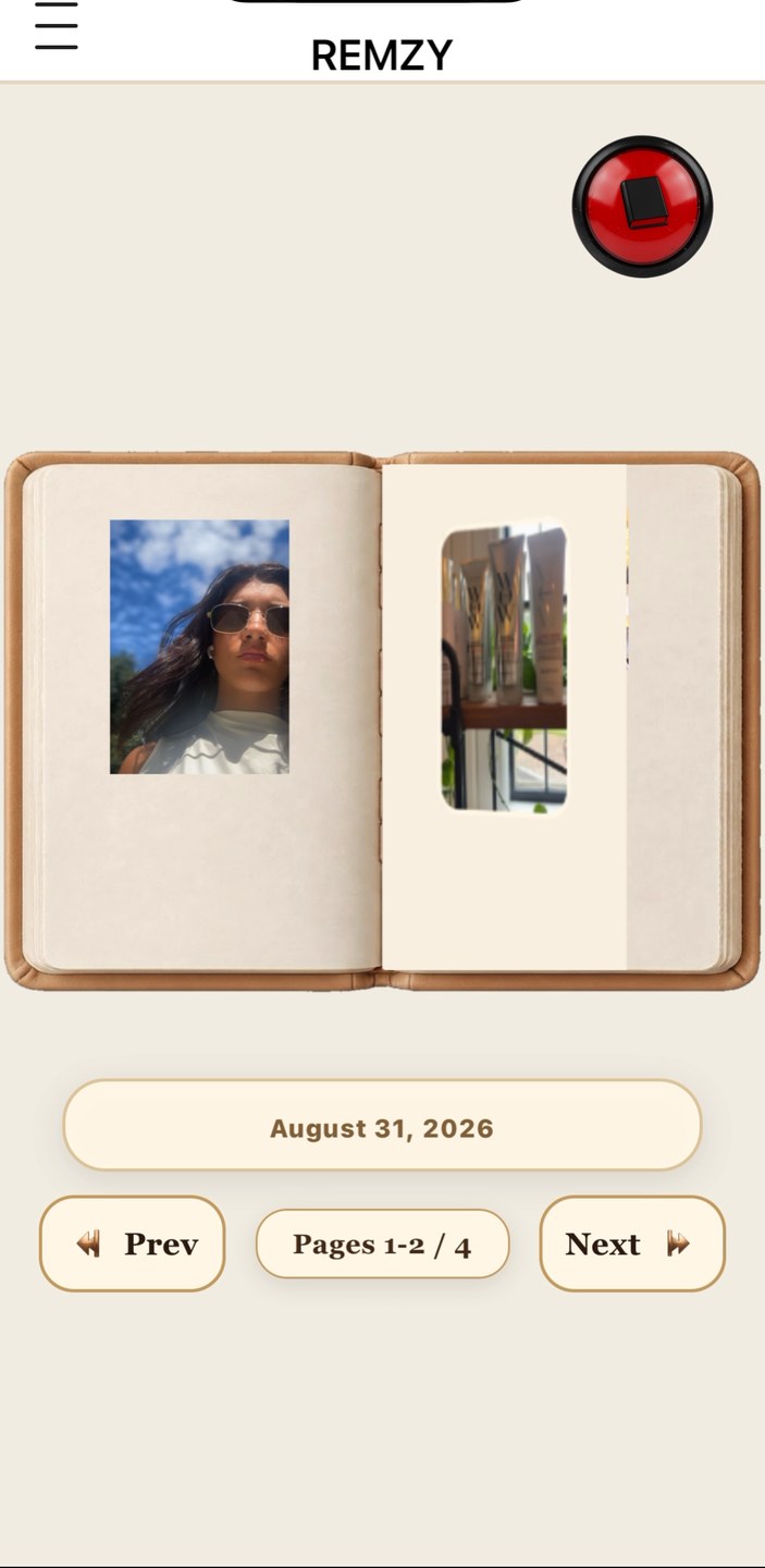 Remzy on iPhone: a finished open spread with photos on ivory pages and page navigation.