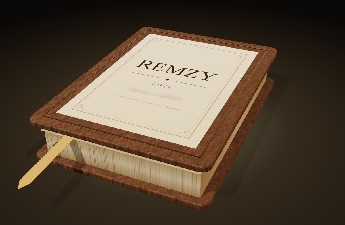 The Remzy memory book: a brown leather hardcover with a foil-stamped ivory panel and a gold ribbon marker.